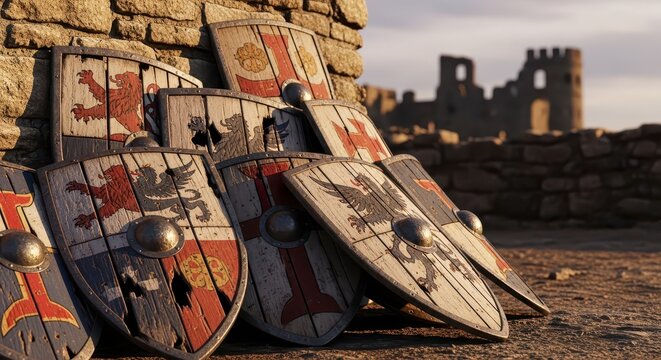 Pile of Medieval Wooden Shields in Ancient Ruins