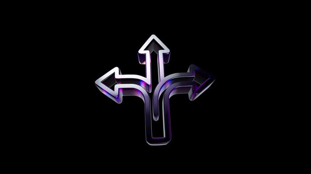Shiny metallic three way direction arrow icon on black background 3D Icon