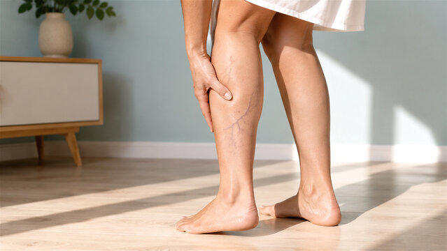 woman touching leg with varicose vein. Symptom of venous insufficiency or circulatory problem. Medical concept of vascular disease and health issue in domestic indoor environment