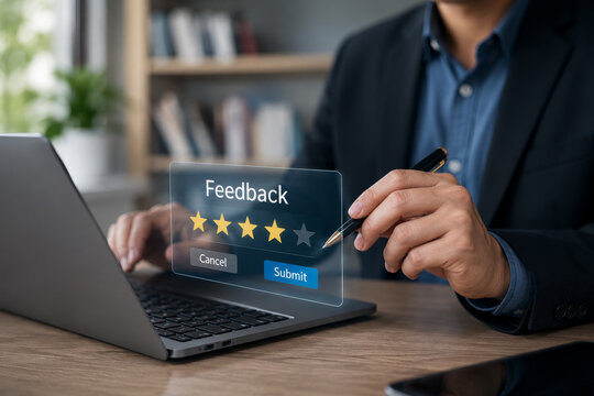 Businessman hand use laptop submit online feedback. Virtual interface, customer service survey. Business technology, user experience, satisfaction review. Submit button, corporate office. 
