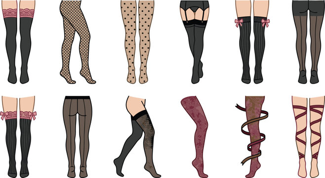 Sensual female legs wearing various stockings and tights vector illustration set with lace fishnet garter belt and ribbons