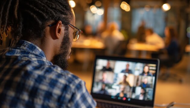 Man with dreadlocks participating in a video conference on a laptop