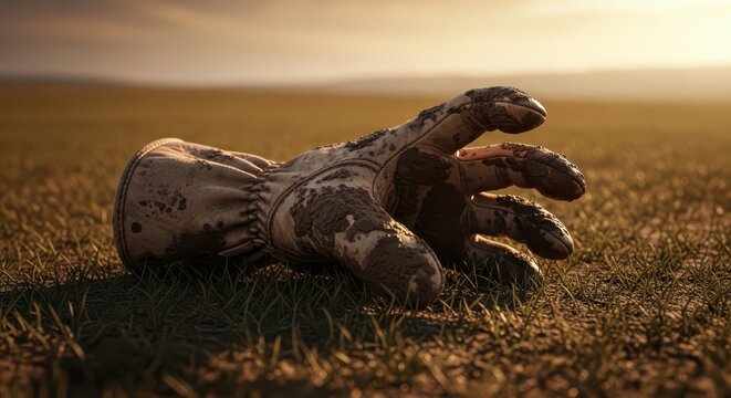 Mud Caked Leather Gauntlet Lying in a Grassy Field
