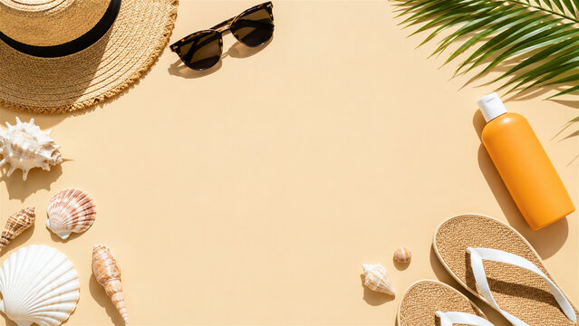 summer beach vacation accessories arranged on a sandy background. Straw hat, sunglasses, sunscreen, flip flop and seashell. Flat lay travel concept for holiday relaxation destination