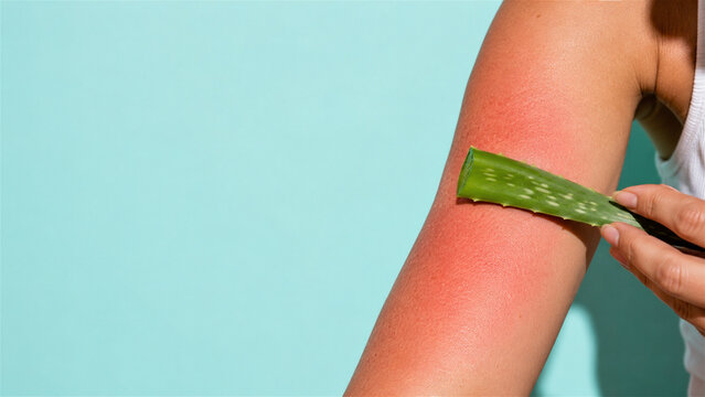 woman applying aloe vera on sunburned arm. Natural treatment for red irritated skin from UV radiation exposure. Skincare remedy for emergency healing after tropical vacation or beach day