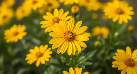 Obraz premium Vibrant Yellow Daisy Flowers Blooming In A Lush Green Summer Garden