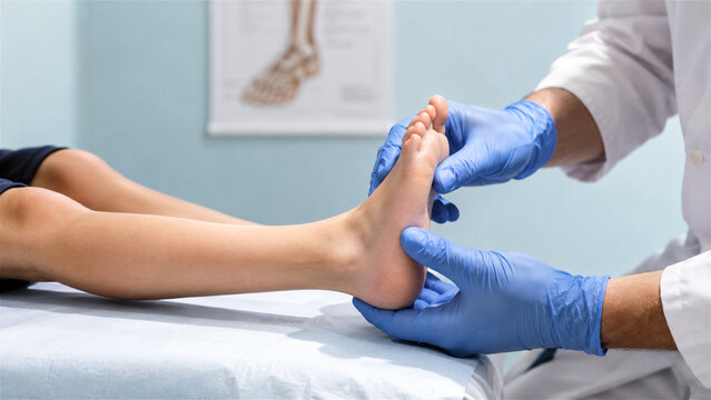 podiatrist examining child foot in medical clinic. Doctor wearing glove checking patient limb for injury. Pediatric orthopedical appointment. Healthcare treatment and physical checkup