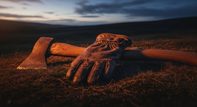 Mud Caked Leather Work Glove Resting On An Axe Handle In A Field At Dusk