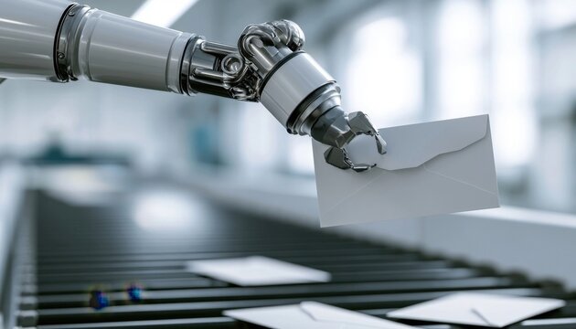 Robotic arm sorting mail on industrial conveyor belt in automated sorting facility