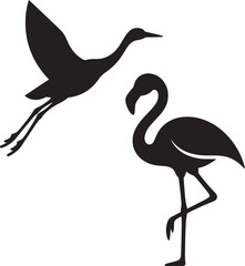 Obraz premium Set of black silhouettes featuring a crane and a flamingo isolated on white ground.