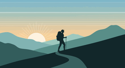 Fototapeta premium Silhouette Hiker Ascends Mountain Trail at Sunrise, Inspiring Adventure and Serenity