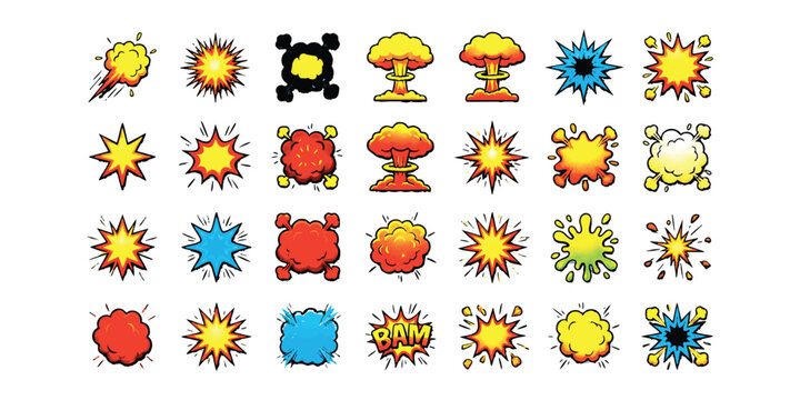 Set of colorful comic book explosion and blast effect icons in pop art style
