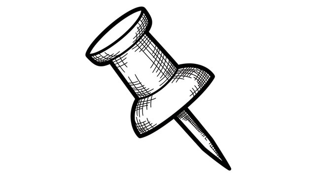 A single thumbtack with a pointed end and a wide head, rendered in a hand-drawn style with cross-hatching, symbolizing fixing or marking.