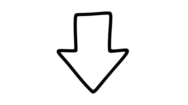 A bold, hand-drawn outline of an arrow pointing downwards, representing direction, decrease, or a downward trend.