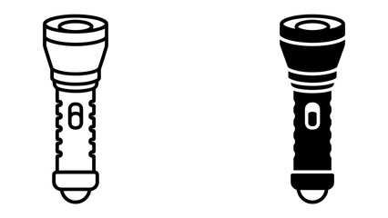 Flashlight Icon Set: Two stylized icons of a flashlight, one outlined and one filled black, representing light and illumination. © Mdd64