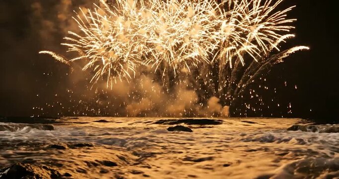 Golden fireworks explode above crashing ocean waves at night by the shore