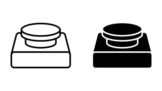 Two versions of a button icon, one outlined and one solid black, representing a simple interaction or control element.