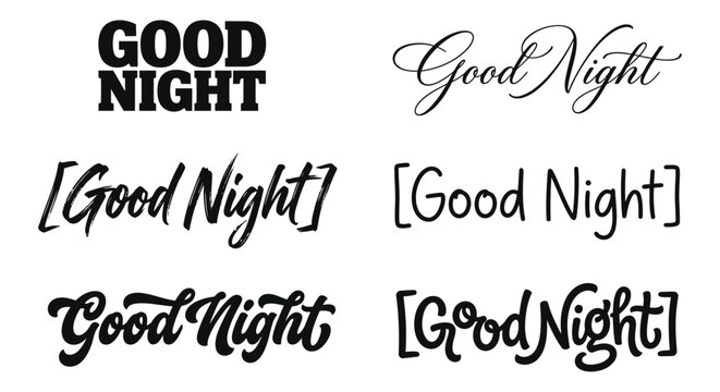 Variety of good night typographic designs in different fonts against a white background calligraphy cursive font