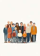 Fototapeta premium Diverse multigenerational group of smiling people and family, including elderly and children, two individuals in wheelchairs, warm inclusive supportive atmosphere
