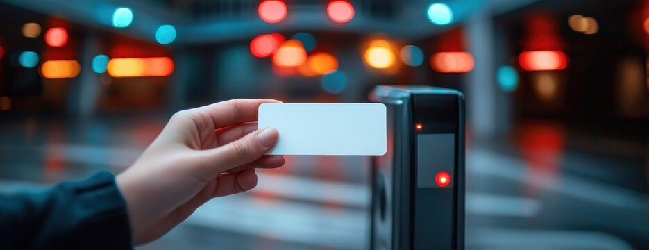 Hand holding blank contactless access card to electronic turnstile reader in a blurred modern indoor space conveying secure efficient entry
