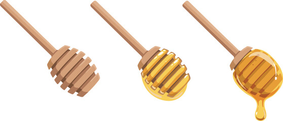 Cartoon Honey Spoon Vector Illustration Showing Process of Dipping and Drizzling Fresh Syrup for Healthy Breakfast Menus and Grocery Store Branding © MdShamim