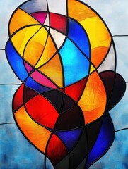 Fototapeta premium vibrant abstract stained glass window with interlocking curved panels in red orange blue and yellow conveying warmth and energy