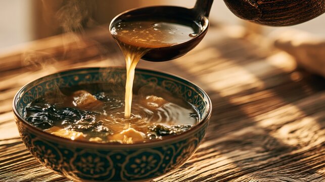 Steaming hot traditional japanese miso soup with tofu and seaweed being poured into bowl.