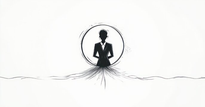 a solitary suited silhouette inside a rough circular frame with ink-like roots spreading into a wavy horizon, minimal monochrome sketch evoking mystery and quiet resolve