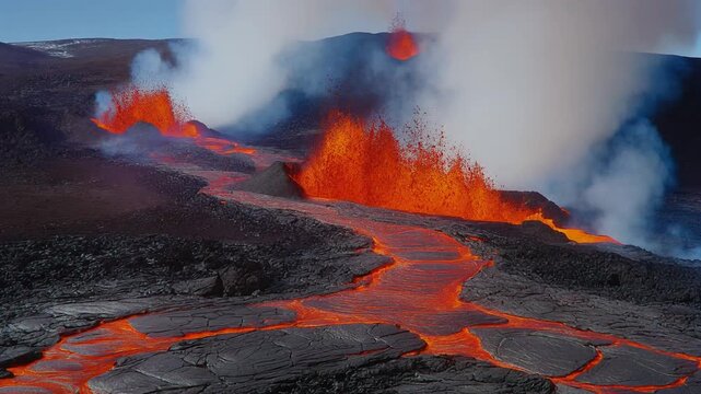 中央の溶岩流が黒い玄武岩の割れ目を赤く流れ複数の噴出口から白煙が立ち上る迫力ある火山景観