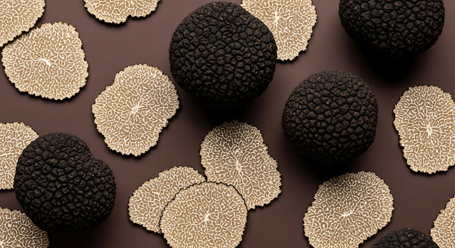 Fresh black truffles and thin slices arranged on a dark brown background.