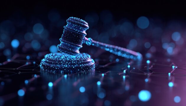 Digital blue gavel and sound block resting on a circuit board with glowing nodes