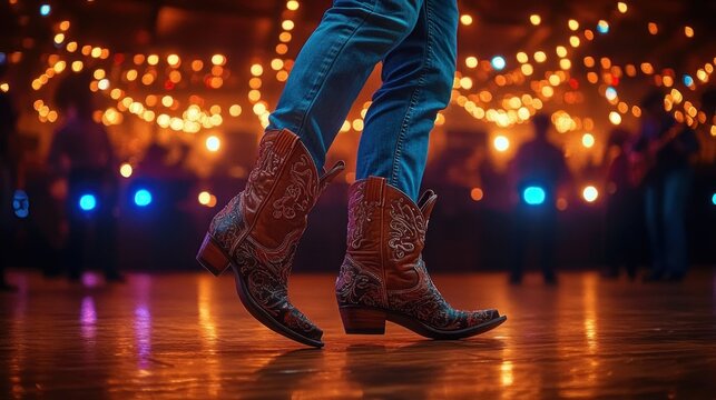 Close-up of person in embroidered cowboy boots and jeans dancing on wooden floor under warm string lights, lively festive country dance atmosphere