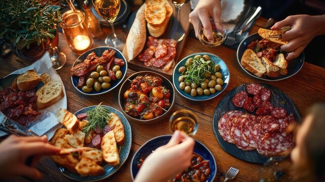 Warm convivial gathering at a wooden table with sliced cured meats, bowls of olives and roasted tomatoes, crusty bread and toasts, hands reaching for appetizers by candlelight and wine