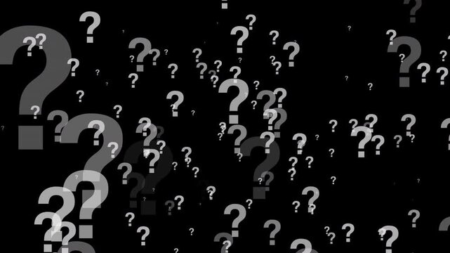 Looping animation of white question marks raining down on a dark background, symbolizing confusion, curiosity, and the search for answers.