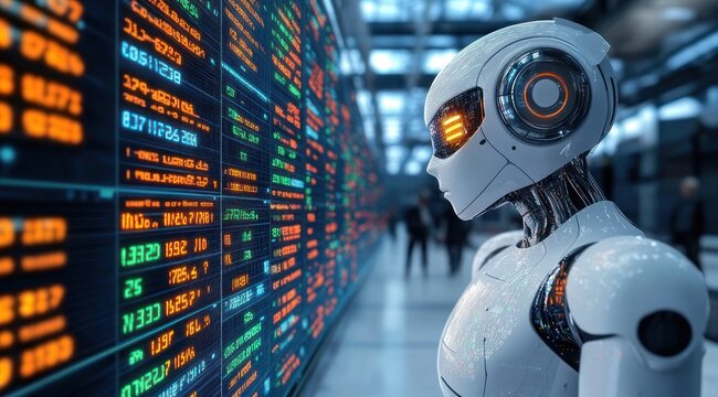 humanoid robot with glowing orange eye studying colorful financial data and stock tickers on multiple screens in a futuristic corridor, focused and analytical