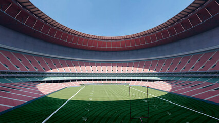 Panoramic interior of a modern football stadium with vibrant turf, sweeping grandstands, and contemporary sports architecture designed for professional competition. © Alexuans