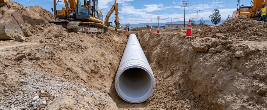 Underground drainage pipe being installed in a construction trench with workers and safety equipment on site.