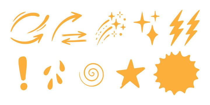 Set of yellow hand drawn doodle elements like arrows stars sparks and sun shapes for design
