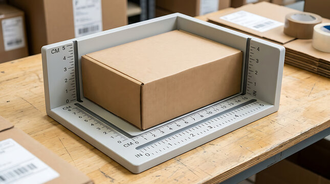 Brown cardboard box placed inside a grey plastic measuring tool on a wooden warehouse workbench