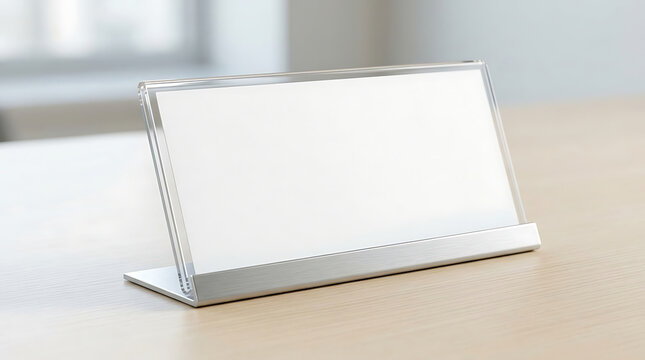 Empty clear acrylic name plate holder on a wooden desk for office signage or desk identification