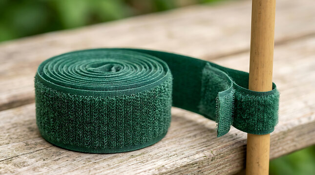 Green velcro hook and loop fastener tape roll wrapped around a wooden stick on a wooden surface