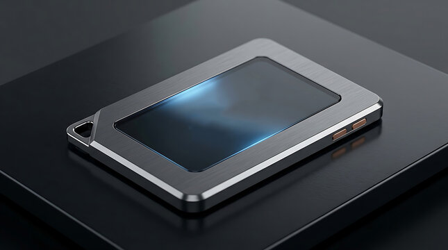 Metallic credit card holder or wallet case with a sleek brushed metal finish on dark background
