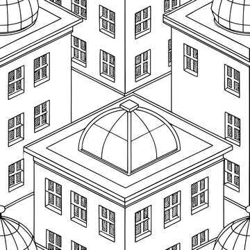 Pattern, houses, roofs, streets, architecture, vector, graphics, lines, seamless pattern, textured ornament, symmetry, geometry, city, textile, style, design, multidimensionality, multistructure