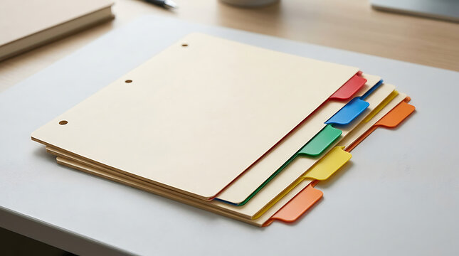 Stack of manila file folders with colorful index tabs on a white desk surface for organization