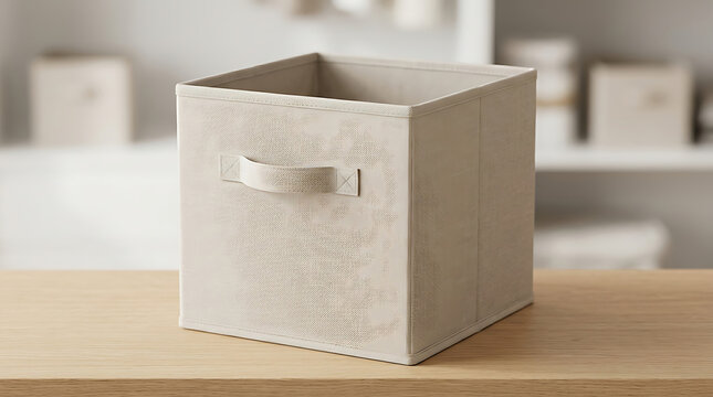 Square beige fabric storage bin with handle sitting on a wooden table in a bright organized room