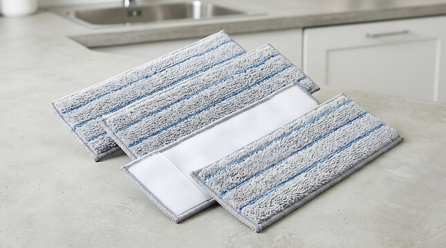 Three rectangular microfiber mop replacement pads with blue stripes on a grey stone countertop
