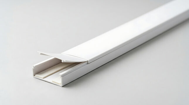 White plastic cable trunking channel with adhesive backing for concealing electrical power wires