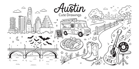 Austin texas city skyline doodle with guitar food truck tacos and bats vector illustration © Sharmin