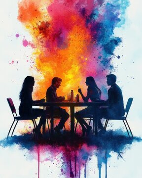 silhouetted group of four people seated at a table with drinks, animated discussion and pointing gestures against a vibrant watercolor paint explosion background conveying energetic creative debate