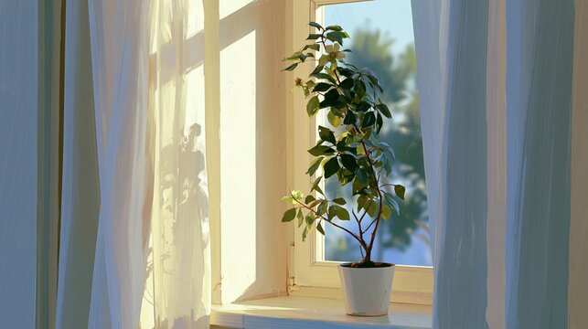Small green leafy houseplant in white pot sitting on window sill with sheer curtains.